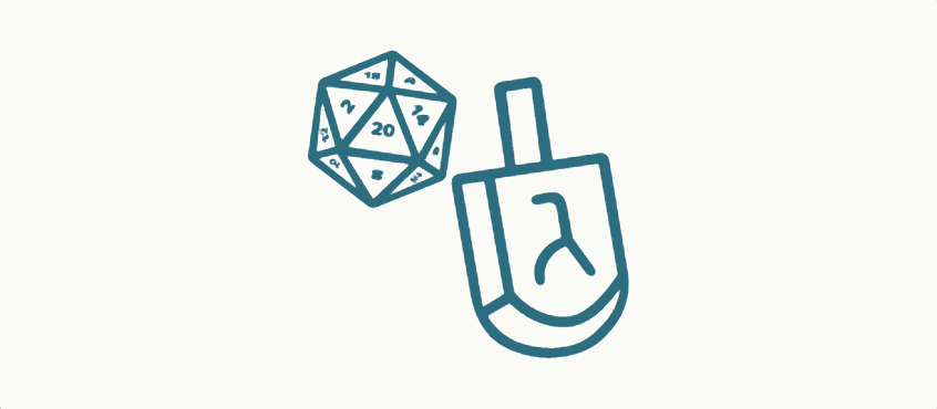 line art logo of a dreidel and a 20-sided die